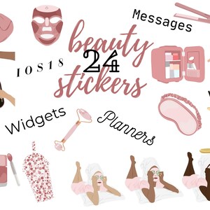 Puede incluir: Un conjunto de 24 pegatinas con temática de belleza que incluyen ilustraciones de mascarillas faciales, un rodillo de jade, un vaso de zumo, una bolsa de maquillaje y una mujer con una mascarilla facial. Las pegatinas están diseñadas para su uso en planificadores, mensajes, widgets e iOS 18.