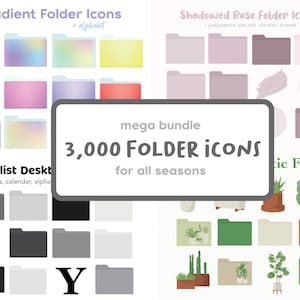 May include: A digital illustration of a collection of 3,000 folder icons. The icons are in a variety of styles, including gradient, shadowed rose, and minimalist desktop. The text "mega bundle" and "3,000 FOLDER ICONS" is displayed in a large font.