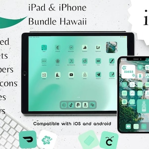May include: An iPad and iPhone bundle with a Hawaii theme, featuring matching widgets, wallpapers, special icons, quotes, and letters. The devices display a light green interface with various app icons. The text "Compatible with iOS and android" is also visible.