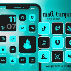 May include: A turquoise and black iPhone screen with app icons for popular apps like TikTok, Instagram, Snapchat, and Hulu. The icons are arranged in a grid pattern and have a modern, minimalist design. The text "maft turquoise app icons" is displayed at the top of the screen.