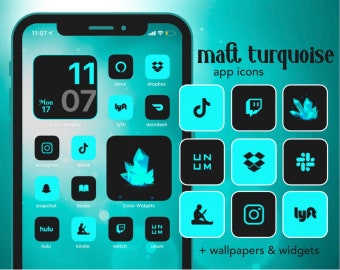 Matt Turquoise App Icons, Black and teal, summer, neon ios 14, 15, aesthetic home screen iphone and android