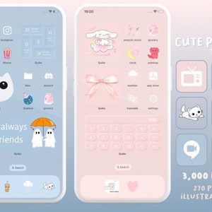 May include: A pastel pink and blue phone screen with a cute pastel theme. The screen shows a variety of icons, including a cat, a ghost, a cloud, and a heart. The text "Let's always be friends" is displayed on the screen. The phone screen is surrounded by a white border.