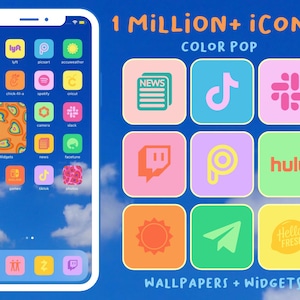 Ícones de aplicativos Pop Colors | Vibrante, Color Pop, Retro, Amarelo, Azul, Rosa, Violeta, primavera, Logotipos de aplicativos de verão, iPhone, tela inicial do Android, widgets