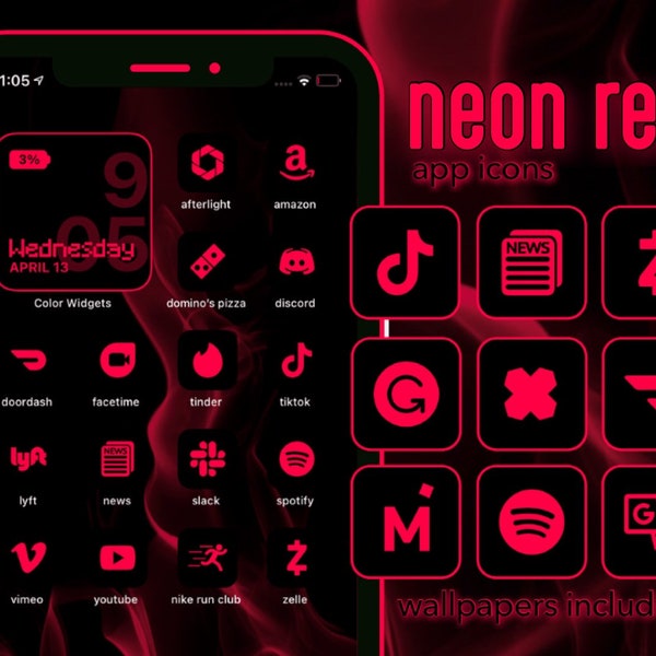 App Icons Neon Red, Black App Covers, Custom your Home Screen