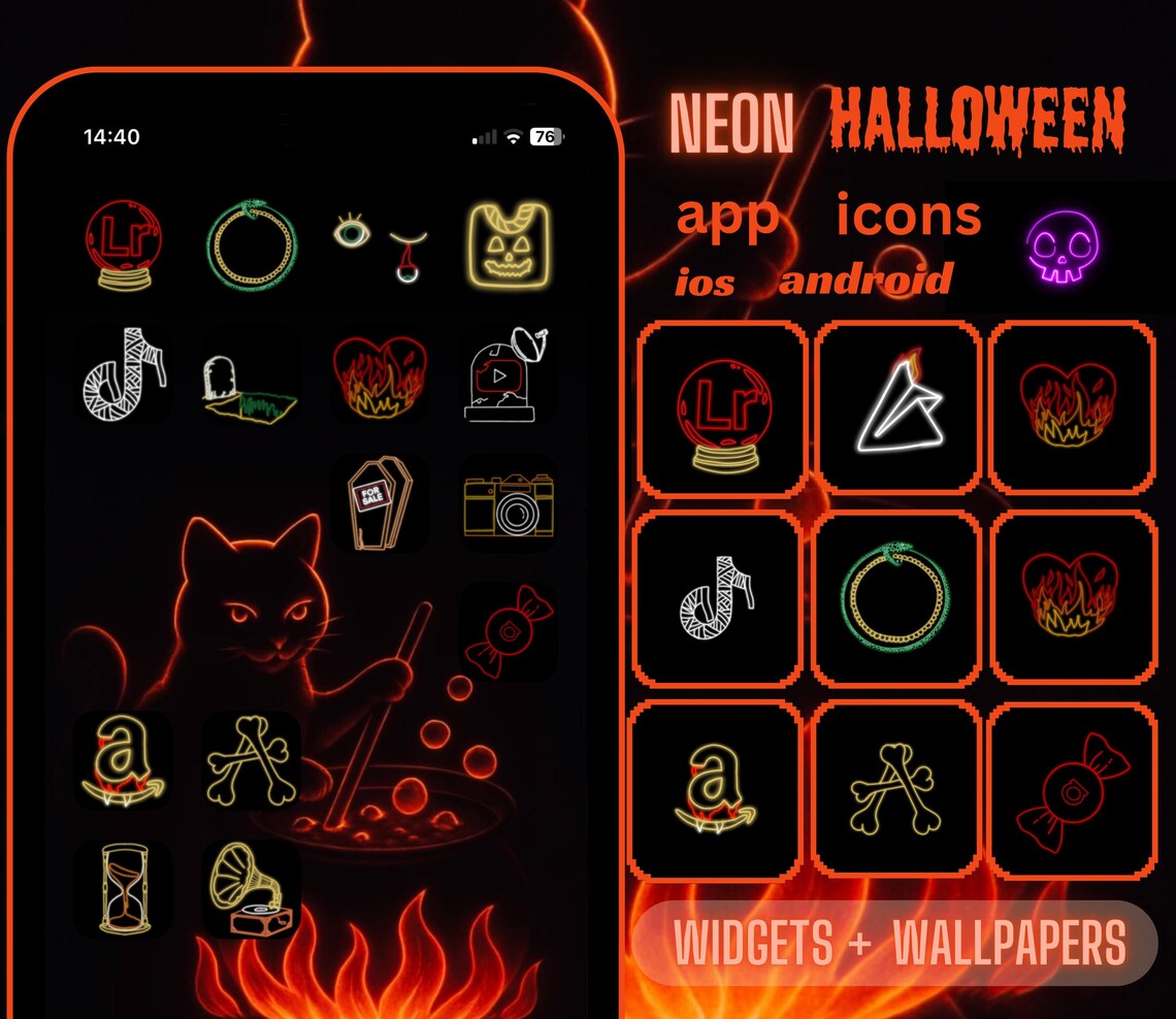 Halloween Neon App Icons, Red, Orange, Green, Yellow Homescreen, iPhone