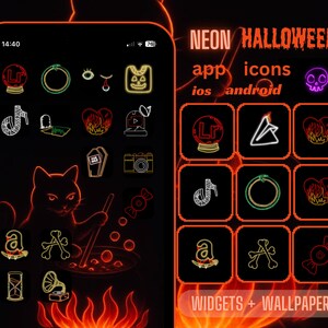 Íconos de la aplicación Halloween Neon, pantalla de inicio roja, naranja, verde y amarilla, widgets para iPhone y Android