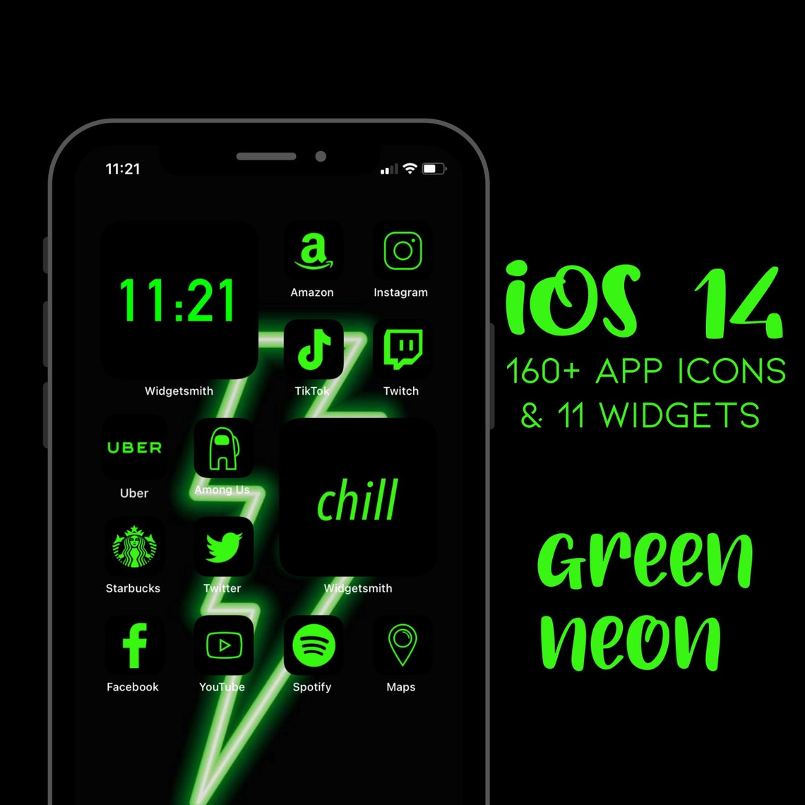 160 App Icons Green Neon iOS 14 Aesthetic Home Screen Etsy