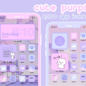 May include: Two screenshots of a phone displaying a purple and pink themed app icon set. The icons are arranged in a grid pattern and feature a variety of popular apps, including TikTok, Dropbox, and Instagram. The phone screen also displays a clock widget and a calendar widget. The text "cute purple 5,200 app icons" is displayed at the top of the image.