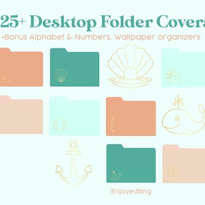Puede incluir: Un conjunto de 10 cubiertas de carpetas de escritorio imprimibles con temática náutica. Las cubiertas presentan una variedad de diseños, incluyendo conchas marinas, un ancla, una ballena y una estrella de mar. Las cubiertas son en tonos melocotón, verde azulado y blanco con detalles dorados. El texto "125+ Desktop Folder Covers" y "iEnjoyediting" también se incluyen en la imagen.