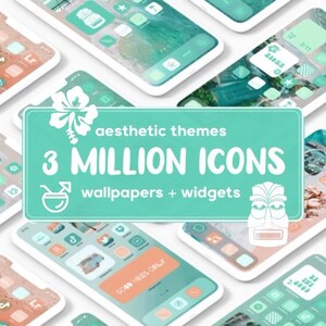 Op de afbeelding: Een verzameling telefoonschermen met verschillende esthetische thema's. De schermen bevatten een verscheidenheid aan pictogrammen, achtergronden en widgets. De tekst op de afbeelding luidt "esthetische thema's 3 MILJOEN ICONEN achtergronden + widgets".