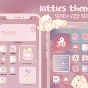 Puede incluir: Una pantalla de teléfono rosa y blanca con un tema de gatitos. La pantalla muestra un calendario con la fecha 14 de agosto, un widget de reloj y una variedad de iconos de aplicaciones. El texto "kitties theme 3,600+ app icons" está en la parte superior de la pantalla.