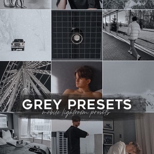 Peut inclure: Un collage de neuf images en nuances de gris, présentant une variété de scènes et de sujets. Les images comprennent une personne assise, une personne debout, une voiture, une grande roue, un paysage urbain, un bâtiment, un chat et un avion. Le texte "GREY PRESETS mobile lightroom presets" est écrit en noir sur fond blanc.