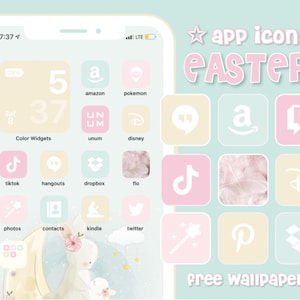May include: A phone screen displays pastel-colored app icons with an Easter theme. The icons include apps like Amazon, TikTok, and Disney, set against a light blue background. The words "app icons" and "Easter" are visible, along with "free wallpapers".