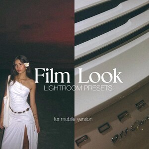 May include: A woman in a white dress stands in front of a sunset with a white Porsche 911 Carrera in the background. The text "Film Look Lightroom Presets for mobile version" is displayed on the image.