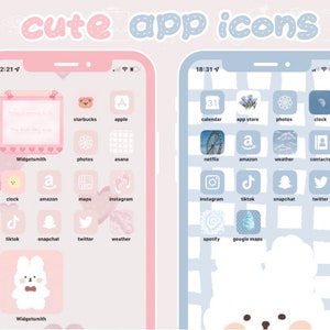 May include: Two screenshots of a mobile phone with a pink and blue background. The phone screen displays a grid of app icons with cute illustrations. The icons are arranged in a grid pattern and include apps like Starbucks, Apple, Calendar, App Store, Photos, Clock, Widgetsmith, Asana, Netflix, Amazon, Weather, Contacts, Instagram, TikTok, Snapchat, Twitter, Spotify, and Google Maps.