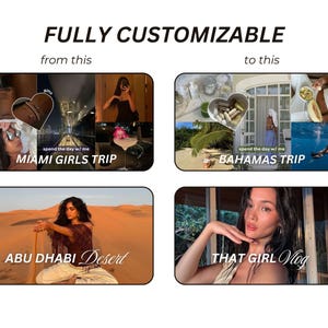May include: Four collage images showing different travel destinations. The top left image shows a woman with sunglasses and a heart with the text "girls" on it. The top right image shows a woman with sunglasses and a heart with the text "spend the day w/ me" on it. The bottom left image shows a woman in a desert with the text "ABU DHABI Desert" on it. The bottom right image shows a woman with the text "THAT GIRL Vlog" on it.