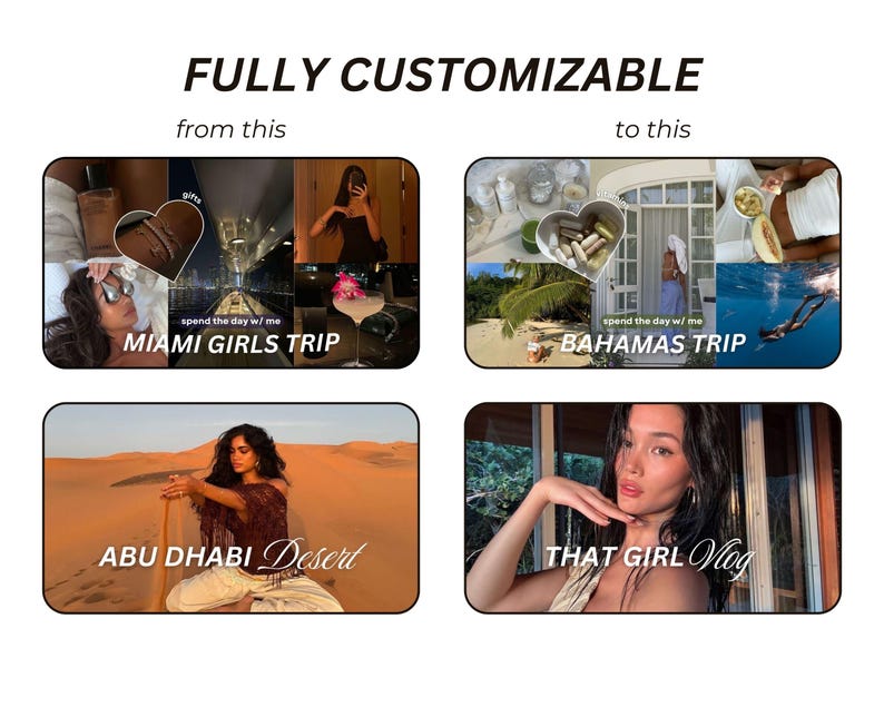 May include: Four collage images showing different travel destinations. The top left image shows a woman with sunglasses and a heart with the text "girls" on it. The top right image shows a woman with sunglasses and a heart with the text "spend the day w/ me" on it. The bottom left image shows a woman in a desert with the text "ABU DHABI Desert" on it. The bottom right image shows a woman with the text "THAT GIRL Vlog" on it.