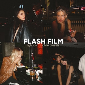 May include: A collection of Lightroom mobile presets called "Flash Film". The presets are designed to give photos a vintage, film-like look. The image shows three different people in various settings, each with a different preset applied.