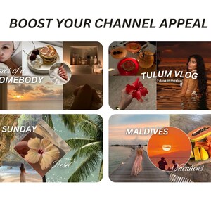 May include: A collage of four images showcasing different travel destinations. The top left image features a woman with a caption "diaries of a HOMEBODY". The top right image features a woman in a swimsuit with the caption "TULUM VLOG 7 days in mexico". The bottom left image features a tropical beach scene with the caption "SUNDAY Resel". The bottom right image features a tropical beach scene with the caption "MALDIVES Vacations".