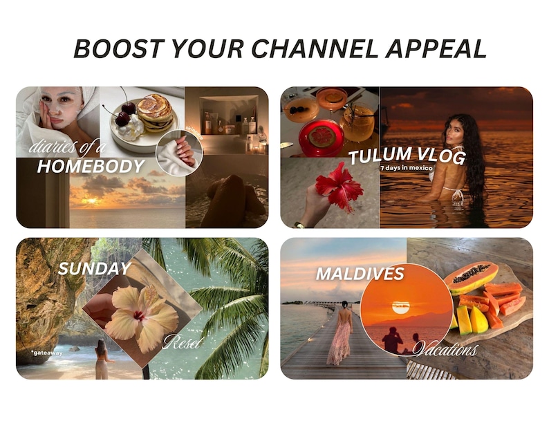 May include: A collage of four images showcasing different travel destinations. The top left image features a woman with a caption "diaries of a HOMEBODY". The top right image features a woman in a swimsuit with the caption "TULUM VLOG 7 days in mexico". The bottom left image features a tropical beach scene with the caption "SUNDAY Resel". The bottom right image features a tropical beach scene with the caption "MALDIVES Vacations".