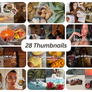 Puede incluir: Un collage de 28 miniaturas que muestran diversos destinos de viaje, actividades de estilo de vida y vlogs personales. Las miniaturas incluyen imágenes de playas, puestas de sol, frutas tropicales, hábitos saludables y paisajes urbanos. El texto en las miniaturas incluye frases como "Maldives", "Tulum Vlog", "Healthy Habits", "Out in Monaco", "Bali Trip" y "That Girl Vlog".