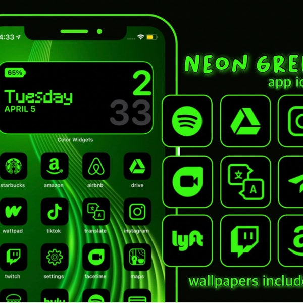 App Icons Green Neon | Aesthetic Home Screen | Green, Lime Icons with Black Background | Widgets, iPhone, Android