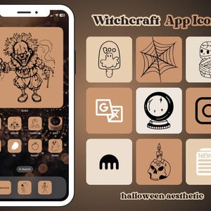 5,000 個のアプリアイコン - 魔女のホラー / ハロウィーン、ブラウンキャラメル、ベージュ、秋のテーマ、ウィジェット、壁紙を含む、イラストパック