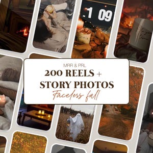 Op de afbeelding: Een collage van afbeeldingen met herfstthema's, waaronder een open haard, een kop koffie, een klok en een geest. De tekst "200 REELS + STORY PHOTOS Faceless fall" wordt in het midden van de collage weergegeven.