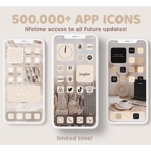 May include: Three iPhone screens displaying different app icons. The icons are in a minimalist style with a neutral color palette of beige, black, and white. The text on the screens reads "smile", "hulu", "inspire", "Uber", and "take the risk or lose the chance".