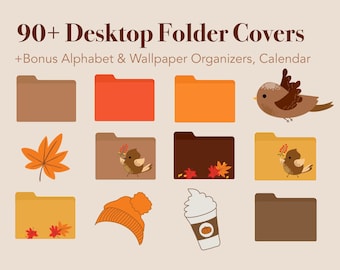 Warm Autumn Desktop Folder Icons | Fall covers for mac, pc, macbook | brown, beige, orange, yellow, neutral, leaves, cute, bird home screen