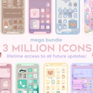 May include: A collection of phone screens with different pastel colored backgrounds and icons. The text "mega bundle 3 MILLION ICONS lifetime access to all future updates!" is displayed in pink and white letters.