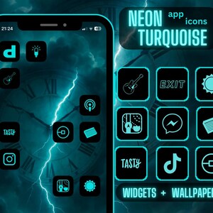 App Icons Neon Turquoise | Blue, Teal, Black, Moody, Minimalist Icons | Aesthetic iPhone Home Screen | Widgets, widgetsmith
