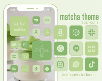 iOS 14 Matcha App Icons | Green, mint, organic, grass tones | Aesthetic Home Screen | Hand Drawn Line Art Widgets and Quotes