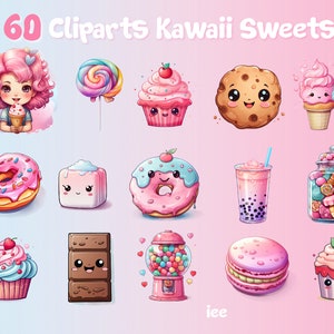 Op de afbeelding: 60 Kawaii Sweets Clipart-afbeeldingen met een verscheidenheid aan zoete lekkernijen, waaronder cupcakes, donuts, lollies, ijshoorntjes, snoep en meer. Elke clipart-afbeelding toont een schattig cartoonfiguur met een glimlach.