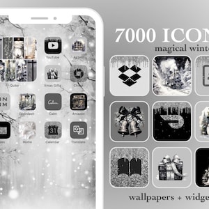 May include: A collection of 7,000 winter-themed icons for use on a smartphone. The icons are in a black and white color scheme with a silver glitter overlay. The icons are displayed on a white background with a wintery design.