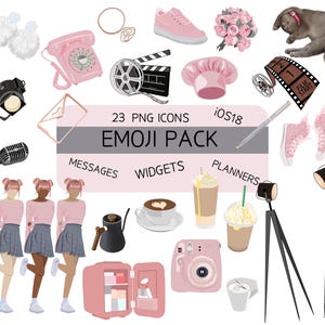 May include: A set of 23 pink and black emoji icons for use on iOS 18. The icons include a film camera, a microphone, a coffee cup, a bouquet of flowers, a cat, a chef's hat, a pair of sneakers, a refrigerator, a tripod, a light, a phone, a film strip, a message, a widget, a planner, and more.