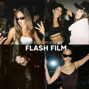 Op de afbeelding: Een collage van vier afbeeldingen met mensen die zonnebrillen en stijlvolle kleding dragen. De afbeeldingen zijn in een donkere, sfeervolle stijl en hebben een vintage film esthetiek. De tekst "10 lightroom presets FLASH FILM" staat in het midden van de collage.