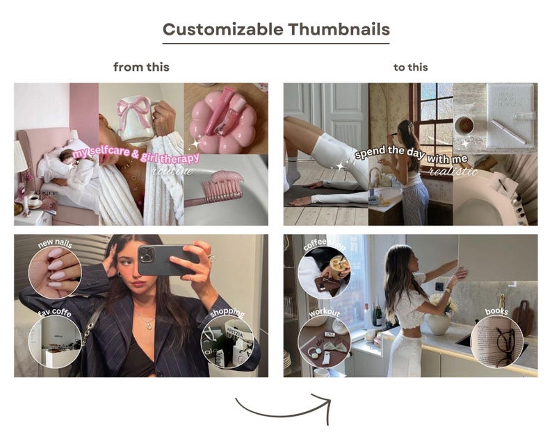 May include: A collage of images showing different aspects of a day, including self-care, coffee, shopping, working out, and reading. The text "my selfcare & girl therapy" is visible in the top left image. The text "spend the day with me realistic" is visible in the top right image.