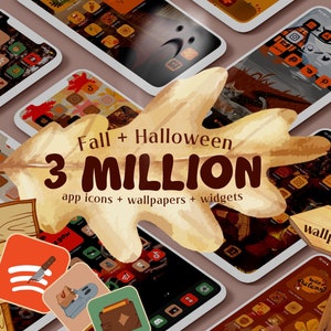 May include: A collection of fall and Halloween themed app icons, wallpapers, and widgets. The icons are hand-drawn and feature a variety of autumnal and spooky designs. The text "Fall + Halloween 3 MILLION app icons + wallpapers + widgets" is displayed on a brown leaf.