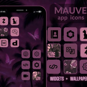 May include: A digital display of mauve app icons, widgets, and wallpapers. The icons feature various symbols and illustrations, including a cat, a brain, and a stylized 'Z'. The background is a dark purple with palm trees and butterflies. The text "MAUVE app icons" is displayed.