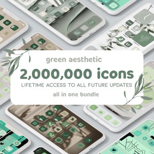 Könnte beinhalten: Eine Sammlung von grünen ästhetischen Telefon-Icons mit einem Banner, auf dem steht "green aesthetic 2,000,000 icons LIFETIME ACCESS TO ALL FUTURE UPDATES all in one bundle".