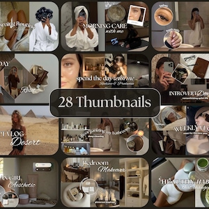 Può includere: Un collage di 28 miniature per un canale YouTube. Le miniature presentano una varietà di argomenti, tra cui le routine mattutine, i viaggi, le abitudini sane e l'organizzazione della casa. Le miniature sono progettate per essere accattivanti e coinvolgenti, con colori vivaci e immagini interessanti.
