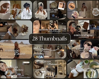 28 Youtube Thumbnail Canva Template, Customizable Minimalist Design, Collages, Youtube video cover, DIY Branding kit, neutral aesthetic