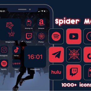 Könnte beinhalten: Ein Smartphone-Bildschirm zeigt ein benutzerdefiniertes App-Symbolpaket mit einem Spider-Man-Thema. Die Symbole sind rot und schwarz mit einem Spinnennetz-Design. Der Text "spider Man" und "1000+ Icons" wird auf dem Bildschirm angezeigt.