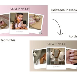May include: A collage of images with the text "A Day in My Life" at the top. The images show a woman with eye masks, a cup of coffee, a woman in a white robe, a woman in a white towel, and a hand with pink nail polish.