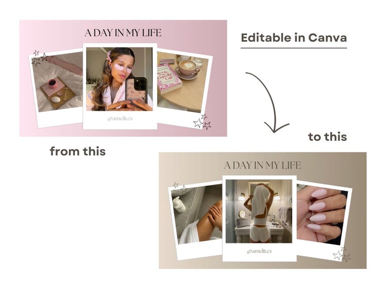 May include: A collage of images with the text "A Day in My Life" at the top. The images show a woman with eye masks, a cup of coffee, a woman in a white robe, a woman in a white towel, and a hand with pink nail polish.