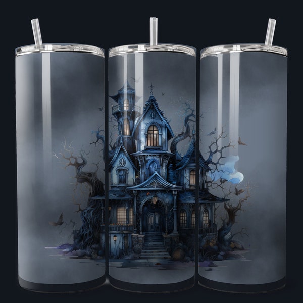 Halloween Sublimation Designs 20/12 Skinny Tumbler Wrap PNG Haunted House Fog Spirit Cup