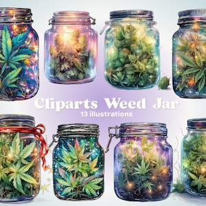 Könnte beinhalten: Ein Satz von 8 Glasbehältern mit Deckeln, gefüllt mit grünen, blättrigen Pflanzen und einem Sternenhimmel-Effekt. Die Behälter sind in zwei Reihen zu je vier angeordnet. Der Text "Clipart Weed Jar" und "13 Illustrationen" steht unter den Behältern.