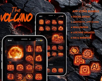 App Icons Volcano, schwarz, braun, rot, Feuerästhetik, Lava, Neon, Home Screen, Iphone + Android Theme, Wallpaper 3D-Hintergründe