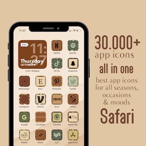 May include: A screenshot of an iPhone displaying a collection of app icons with a safari theme. The icons are arranged in a grid pattern and feature a variety of popular apps, including Netflix, Spotify, TikTok, Snapchat, Pinterest, Twitter, Instagram, Venmo, Asos, Notes, Google, Coinbase, Chrome, Apple Pay, Reddit, Zillow, Lyft, and App Store. The phone's screen displays the date and time, "11:37 Thursday, October 8". The text "30,000+ app icons all in one best app icons for all seasons, occasions & moods Safari" is displayed on the right side of the image.